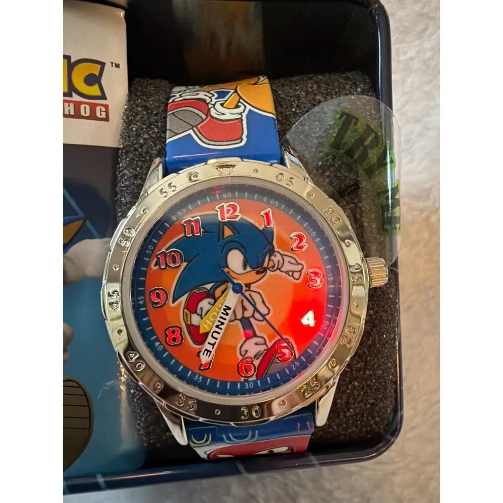 SEGA Sonic The Hedgehog Kids Wrist Watch Lighted Blue Band w/ Tin Accutime NEW